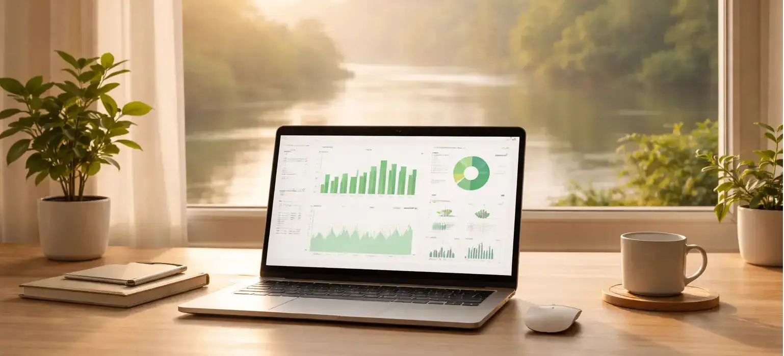 Client workspace with laptop displaying technical services performance dashboards in a calm, organized environment